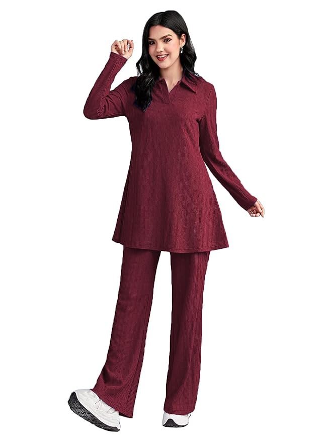 61ZRvc0JngL._SY879_.jpg Women's Solid Color Two-Piece Set | Long Sleeve Top & Wide Leg Pants Co-ord Set - Image 1
